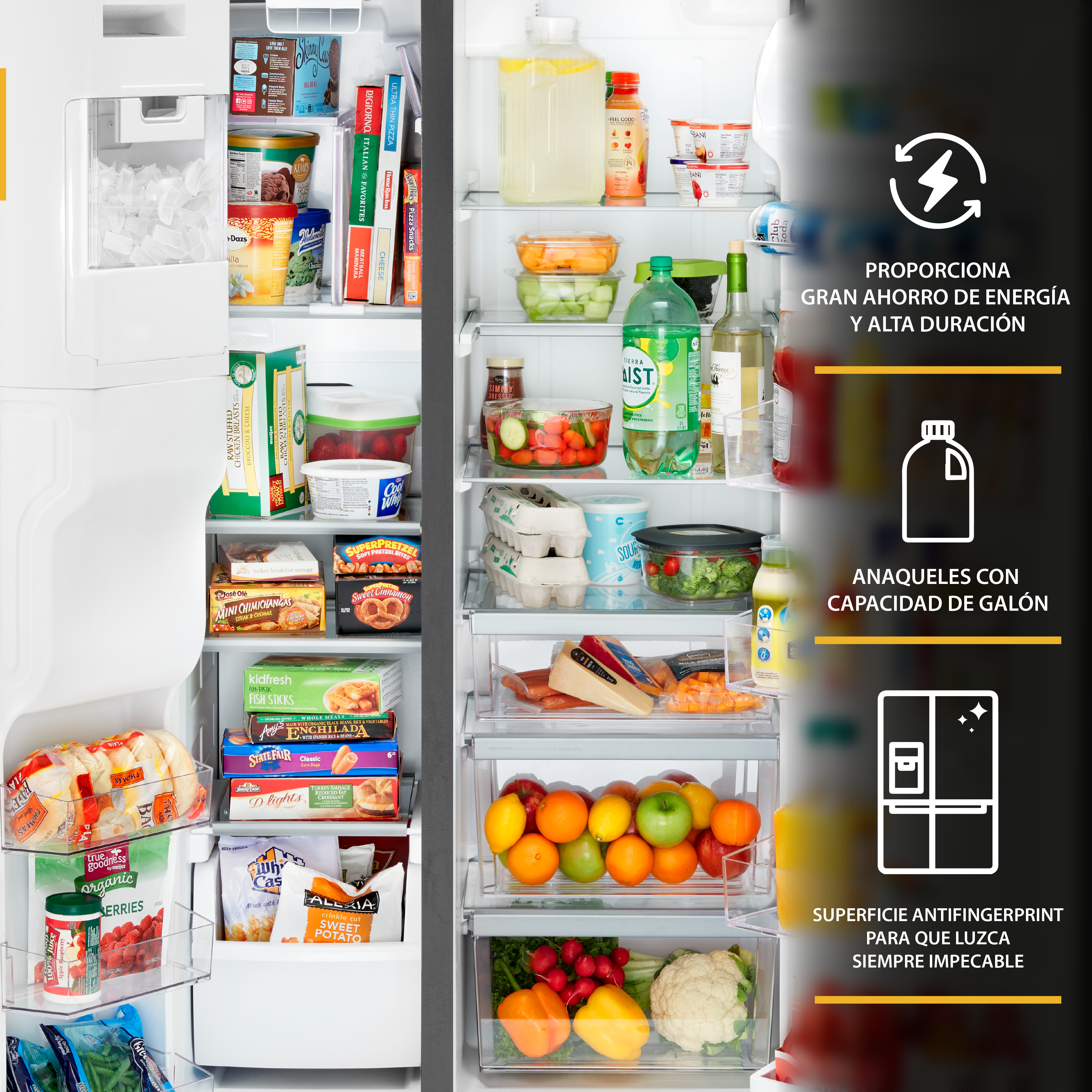 Nevecón 4 puertas Whirlpool con espacios adaptable y anaqueles convertibles de refrigerador a congelador.